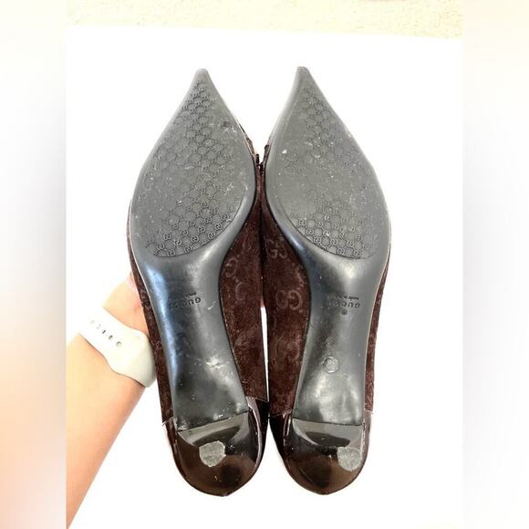 Gucci Horsebit Web Stripe GG Pump Size 8.5 Brown Suede Pointed Toe Kitten Heel - Picture 5 of 10
